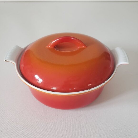 Vintage Descoware Flame Orange Enamel Cast Iron 2QT Dutch Oven Casserole Belgium - Picture 7 of 10